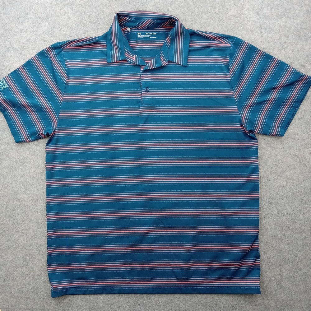 Under Armour Polo Shirt Mens 2XL Blue Stripe HeatGear Golf Performance Loose Top